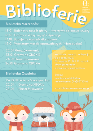 Grafika informująca o feriach zimowych w bibliotece